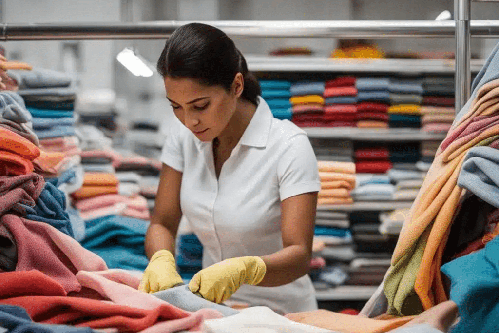 Profesional de limpieza trabajando en un comercio textil en Murcia, asegurando frescura y limpieza impecable para las prendas y escaparates.